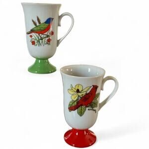 Vtg MCM Set of 2 Fred Roberts Santei Birds Japan Pedestal Mugs Cardinal Songbird